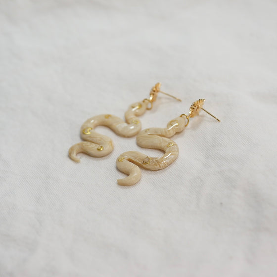 Large Cream and Gold Snake Earrings