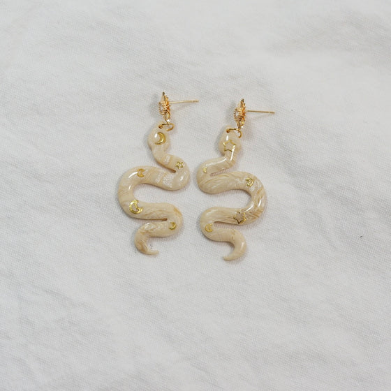 Large Cream and Gold Snake Earrings